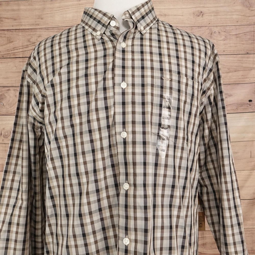 Dockers Shirt Mens 2XL Brown Plaid Long Sleeve Button-Up Signature No Wrinkle